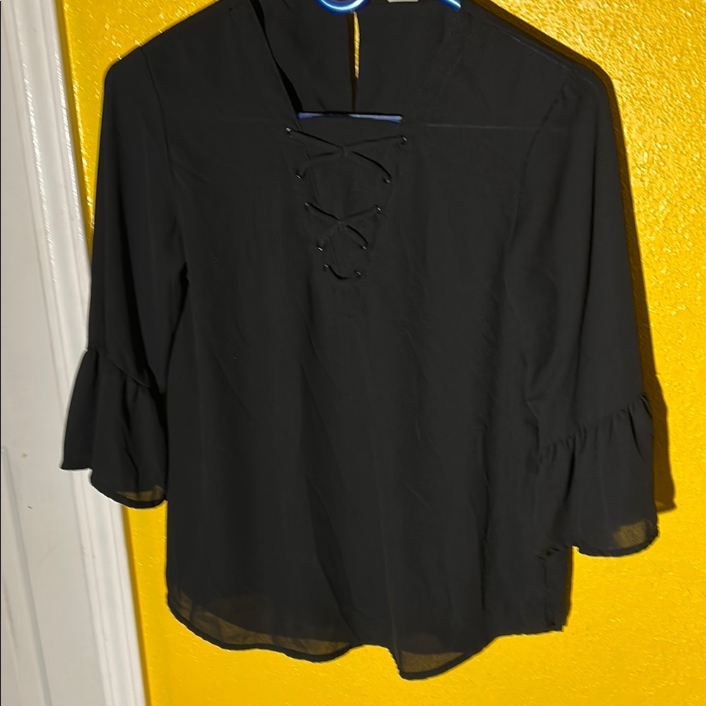 Linda Black Tie Front Bell Sleeve Blouse